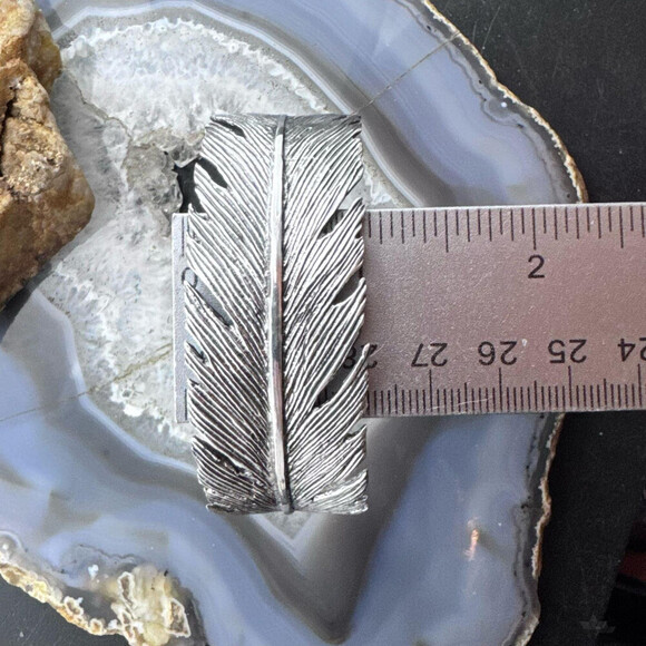 Sterling Silver Southwestern Style Wide Feather Decorated Bracelet For Women - Picture 10 of 10
